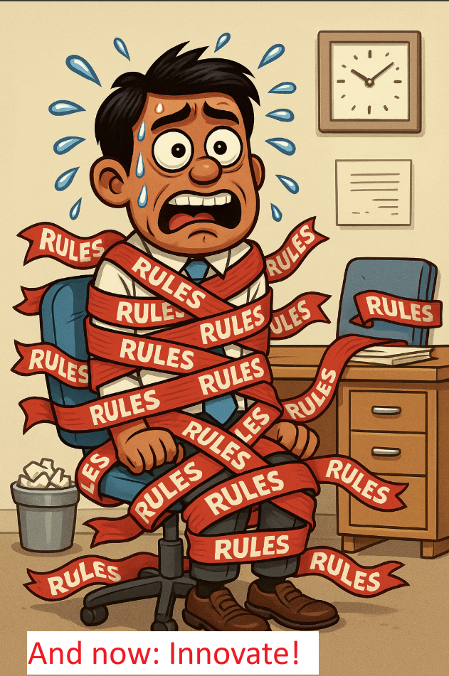 A cartoon-style illustration of a distressed Southeast Asian office worker sweating nervously while being completely wrapped in bright red tape labeled "RULES." He sits frozen in a swivel chair at his desk, surrounded by office furniture, with a clock and documents on the wall—symbolizing the suffocating effect of excessive bureaucracy.